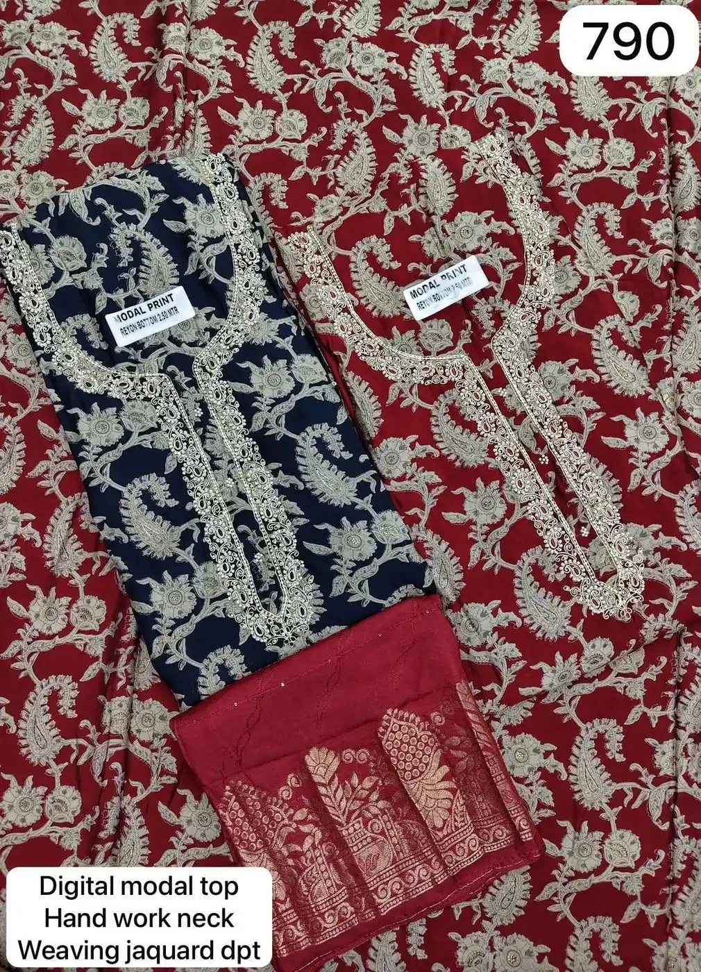 Digital modal top
Hand work neck
Weaving jacquard dpt(Rs.790 per piece: total 2 piece)