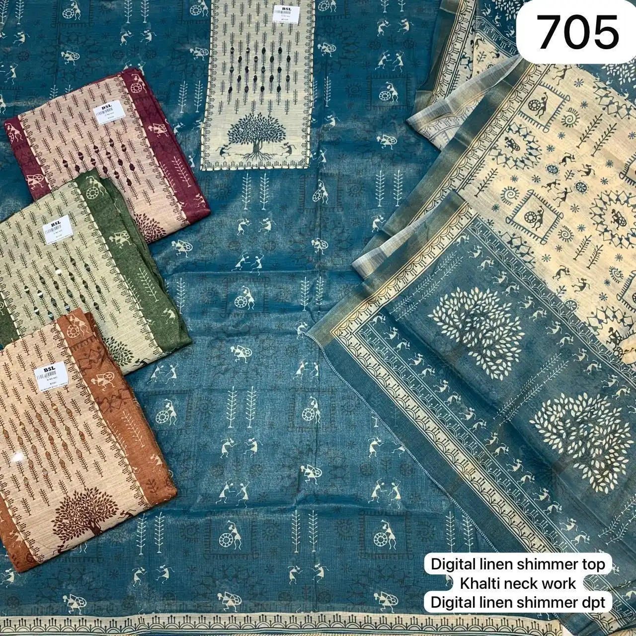 Digital linen shimmer top
Khalti neck work
Digital linen shimmer dpt(Rs.705 per piece: total 4 piece)