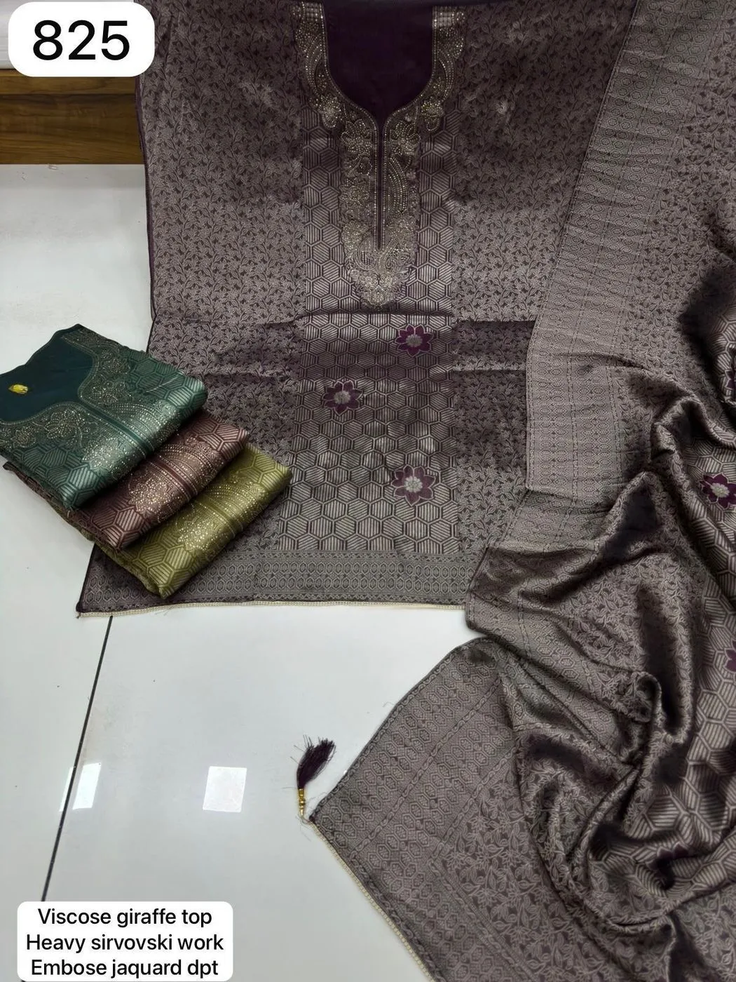 Viscose giraffe top
Heavy sirvovski work
Embose jaquard dpt(Rs.825 per piece: total 4 piece)