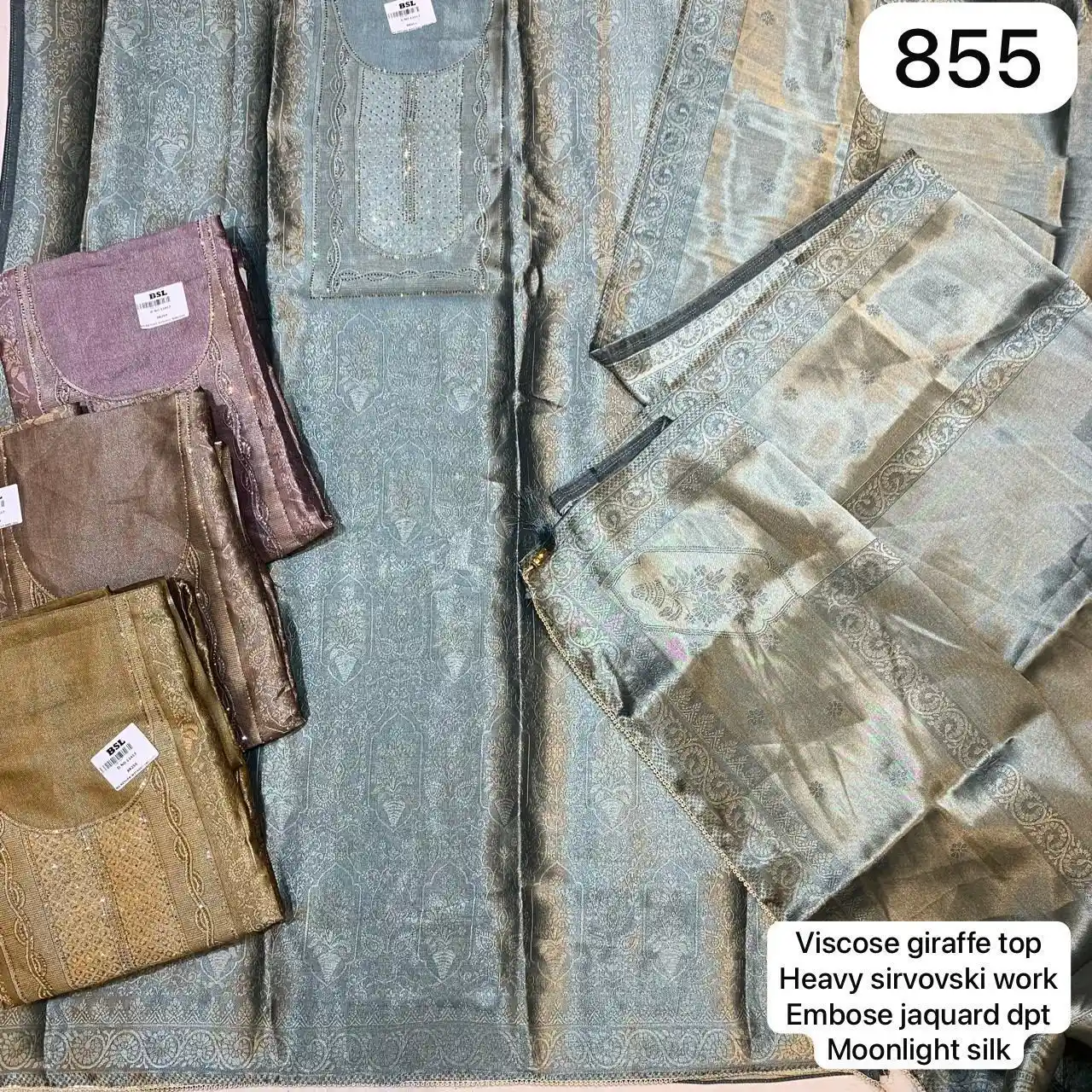 Viscose giraffe top
Heavy sirvovski work
Embose jaquard dpt
Moonlight silk(Rs.855 per piece: total 4 piece)