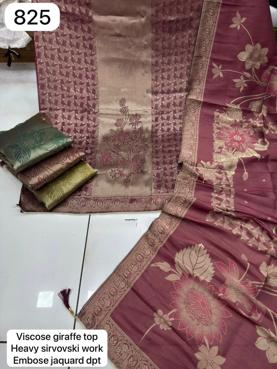 Viscose giraffe top
Heavy sirvovski work
Embose jaquard dpt(Rs.825 per piece: total 4 piece)