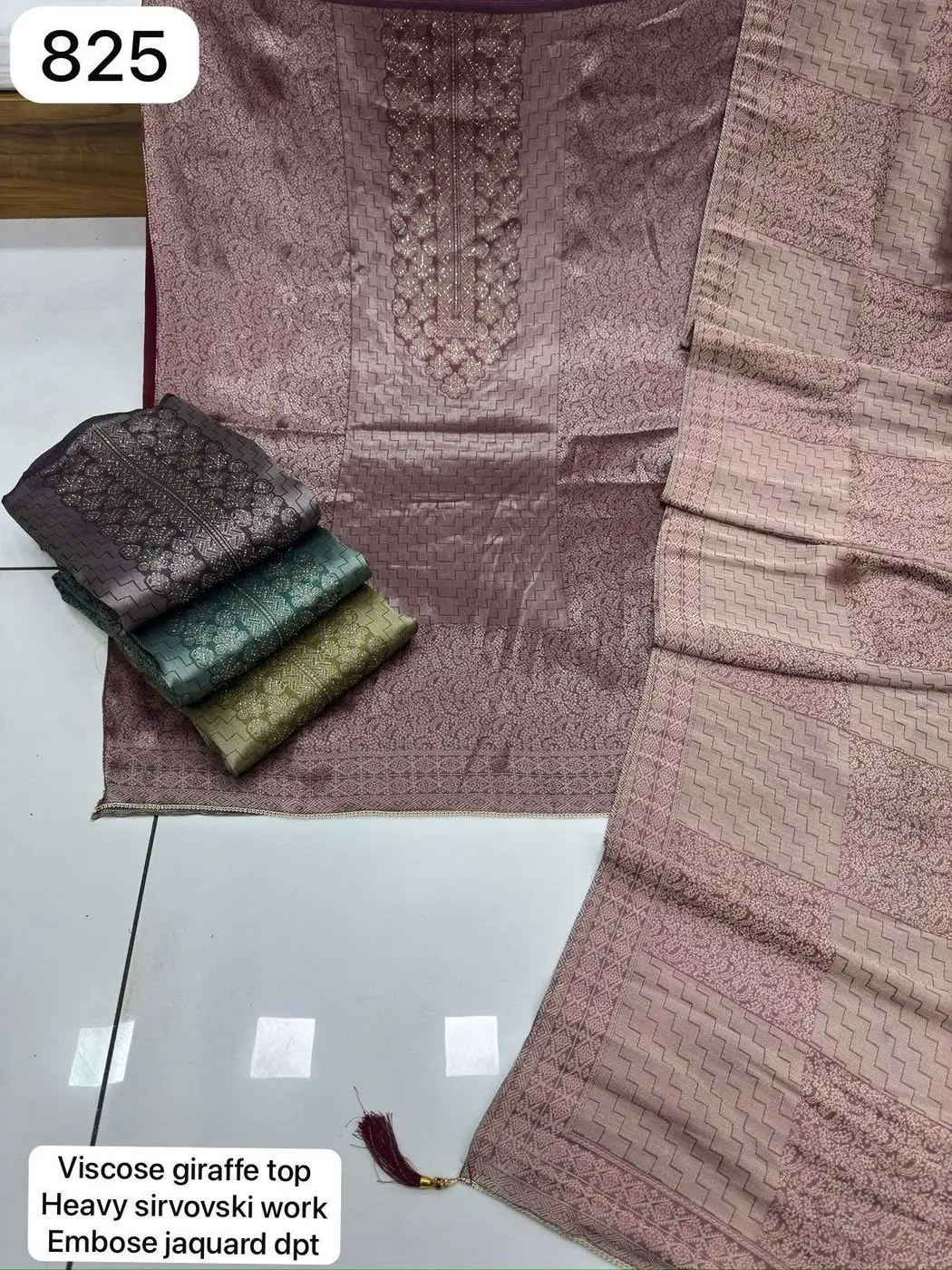Viscose giraffe top
Heavy sirvovski work
Embose jaquard dpt(Rs.825 per piece: total 4 piece)