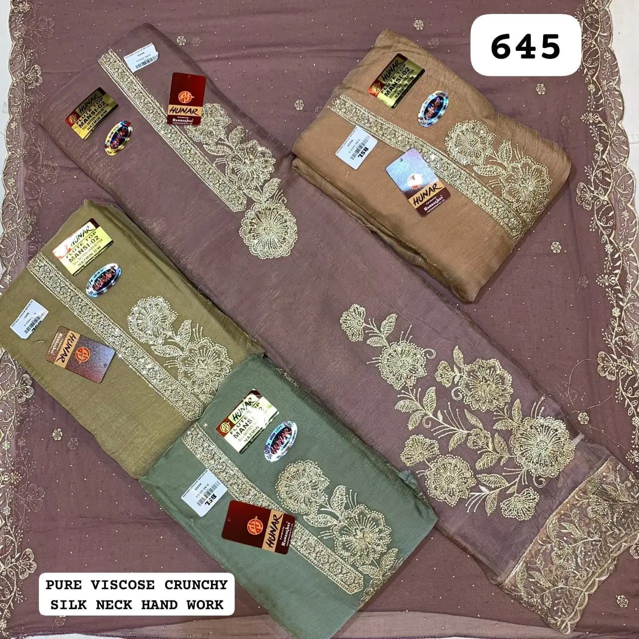 PURE VISCOSE CRUNCHY
SILK NECK HAND WORK(Rs.645 per piece: total 4 piece)