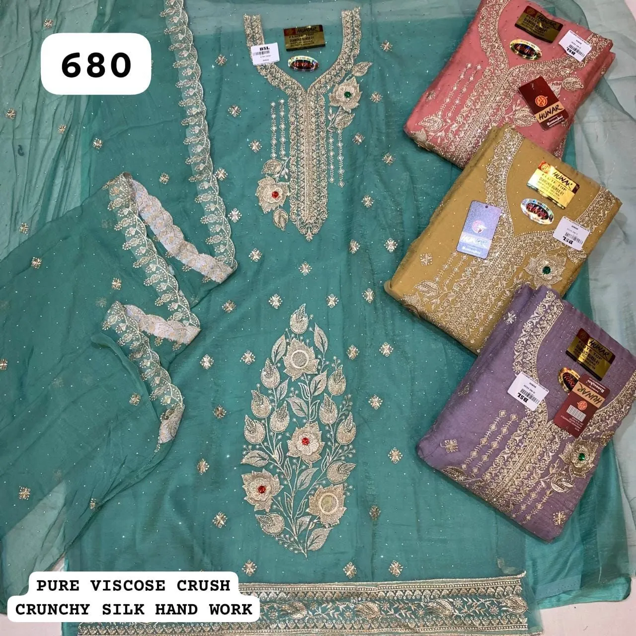 PURE VISCOSE CRUSH
CRUNCHY SILK HAND WORK(Rs.680 per piece: total 4 piece)