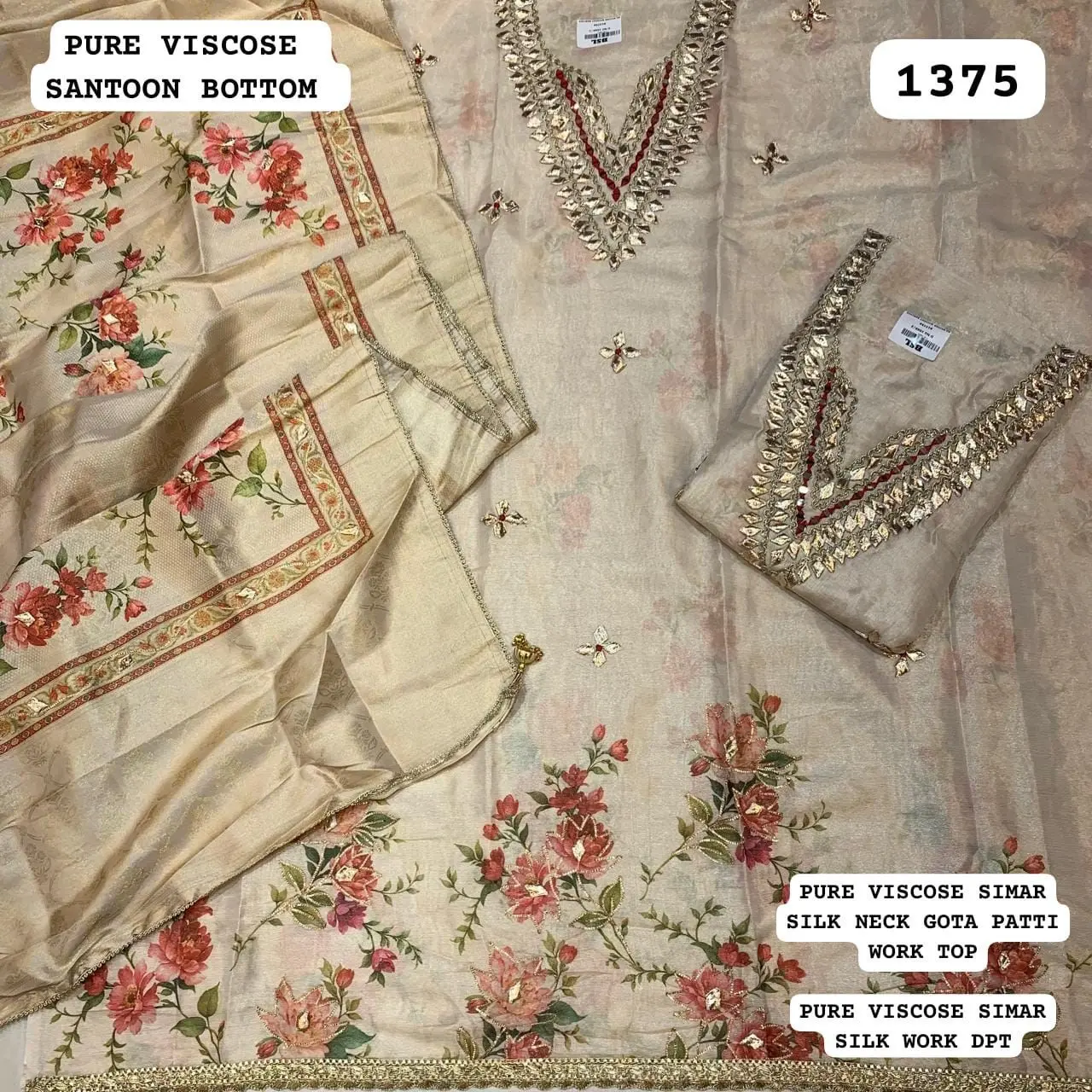 PURE VISCOSE SANTOON BOTTOM
PURE VISCOSE SIMAR
SILK NECK GOTA PATTI WORK TOP
PURE VISCOSE SIMAR
SILK WORK DPT(Rs.1375 per piece: total 2 piece)