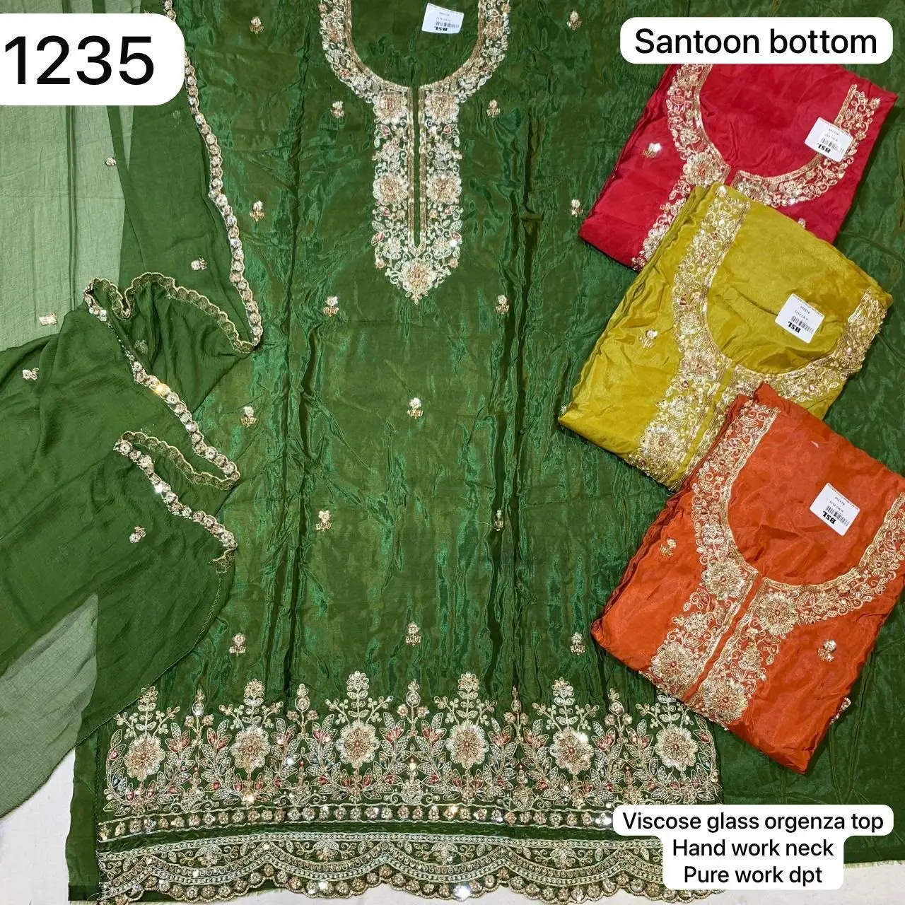 SANTOON BOTTOM
VISCOSE GLASS ORGENZA TOP
Hand work neck
Pure work dpt(Rs.1235 per piece: total 4 piece)