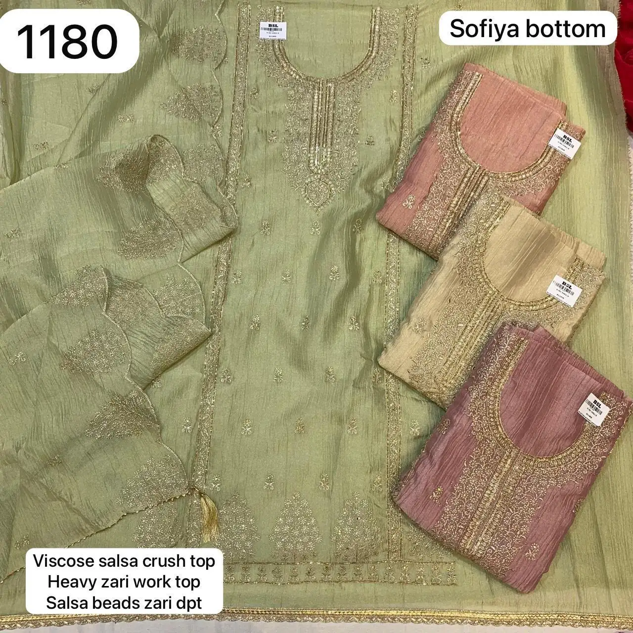 Sofiya bottom
Viscose salsa crush top
Heavy zari work top
Salsa beads zari dpt(Rs.1180 per piece: total 4 piece)