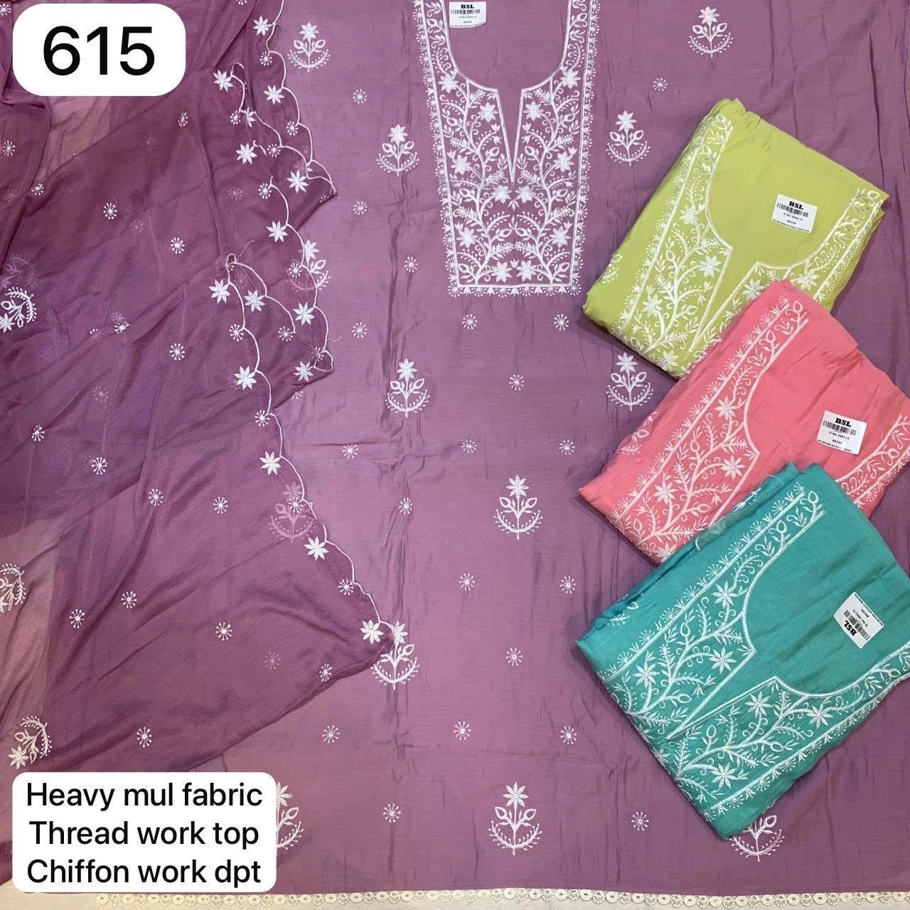 Heavy mul fabric
Thread work top
Chiffon work dpt(Rs.615 per piece: total 4 piece)