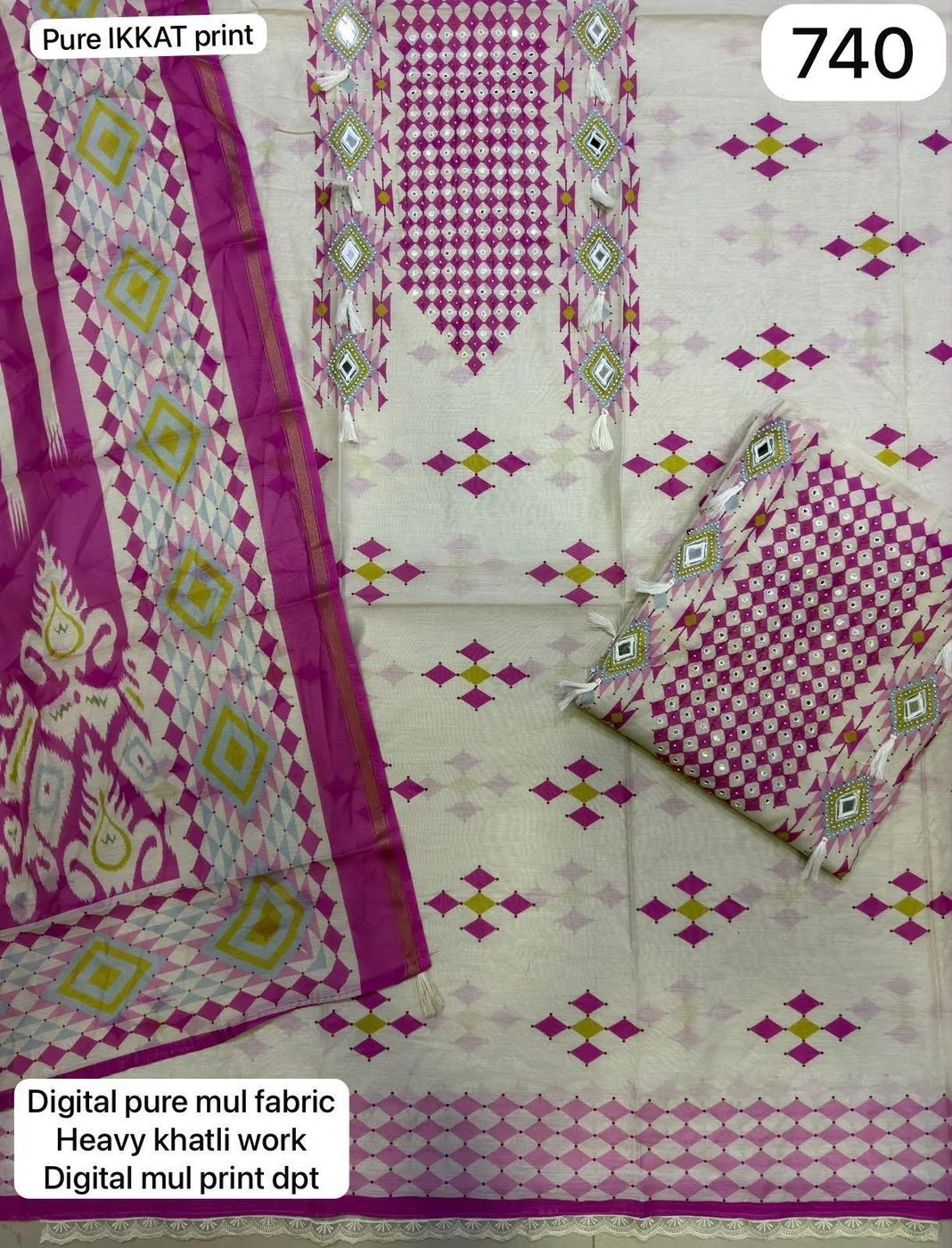 Pure IKKAT print
Digital pure mul fabric
Heavy khatli work
Digital mul print dpt(Rs.740 per piece: total 2 piece)