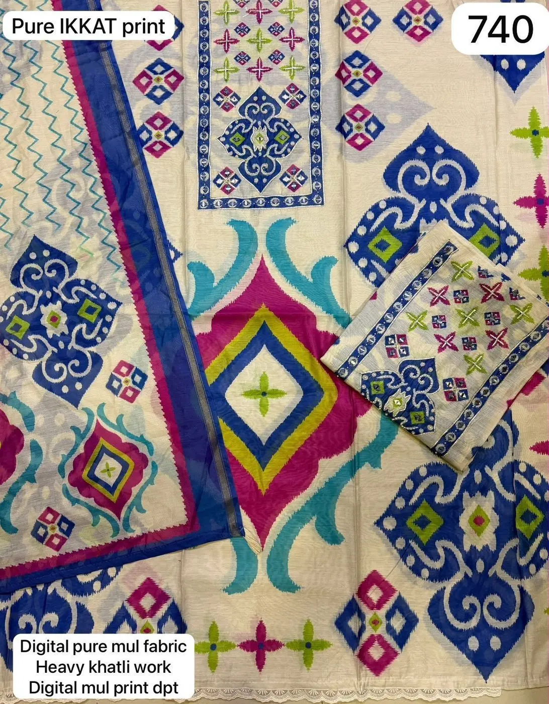Pure IKKAT print
Digital pure mul fabric
Heavy khatli work
Digital mul print dpt(Rs.740 per piece: total 2 piece)