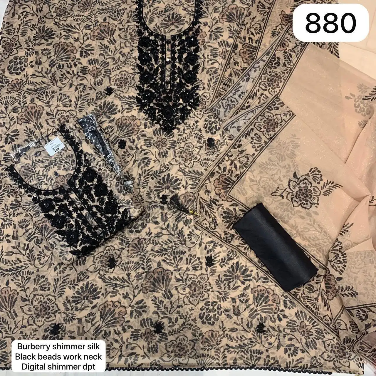 Burberry shimmer silk
Black beads work neck
Digital shimmer dpt(Rs.880 per piece: total 2 piece)
