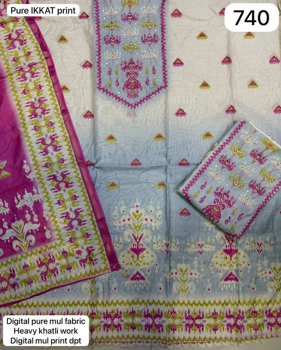 Pure IKKAT print
Digital pure mul fabric
Heavy khatli work
Digital mul print dpt(Rs.740 per piece: total 2 piece)