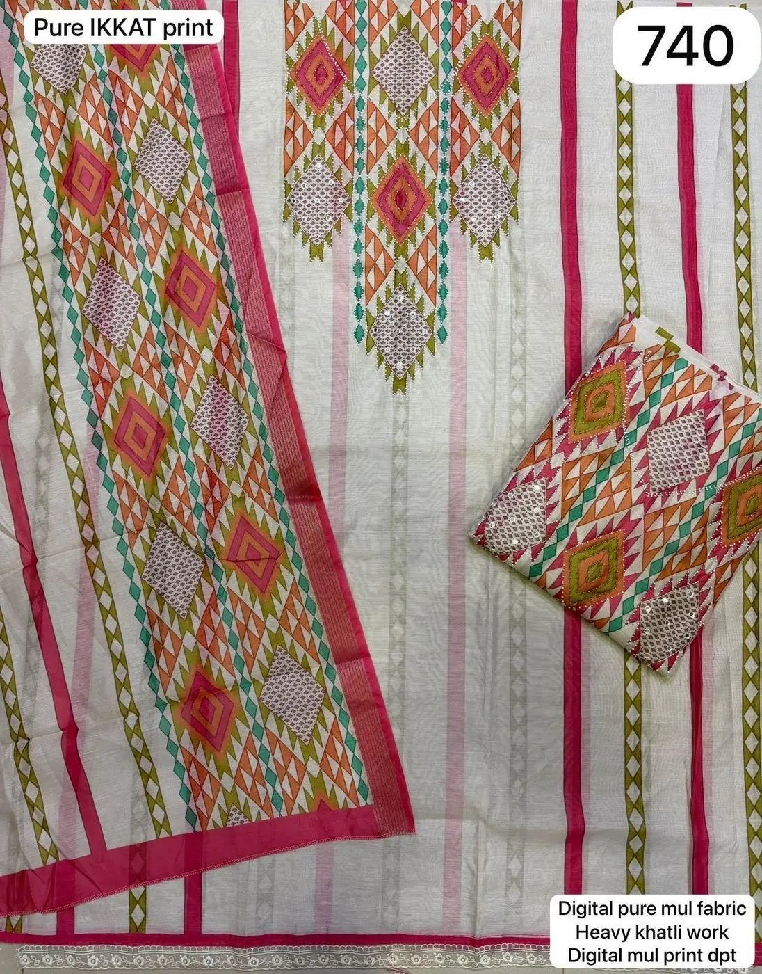 Pure IKKAT print
Digital pure mul fabric
Heavy khatli work
Digital mul print dpt(Rs.740 per piece: total 2 piece)
