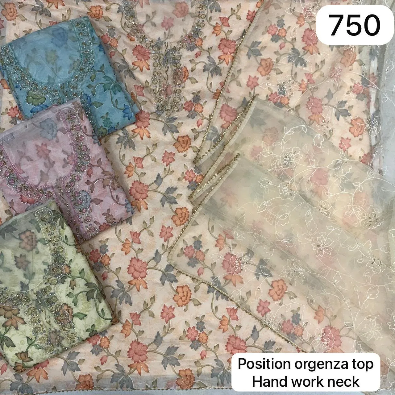 Position organza top
Hand work neck(Rs.750 per piece: total 4 piece)