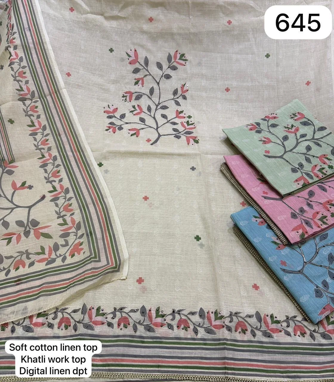 Soft cotton linen top
Khatli work top
Digital linen dpt(Rs.645 per piece: total 4 piece)