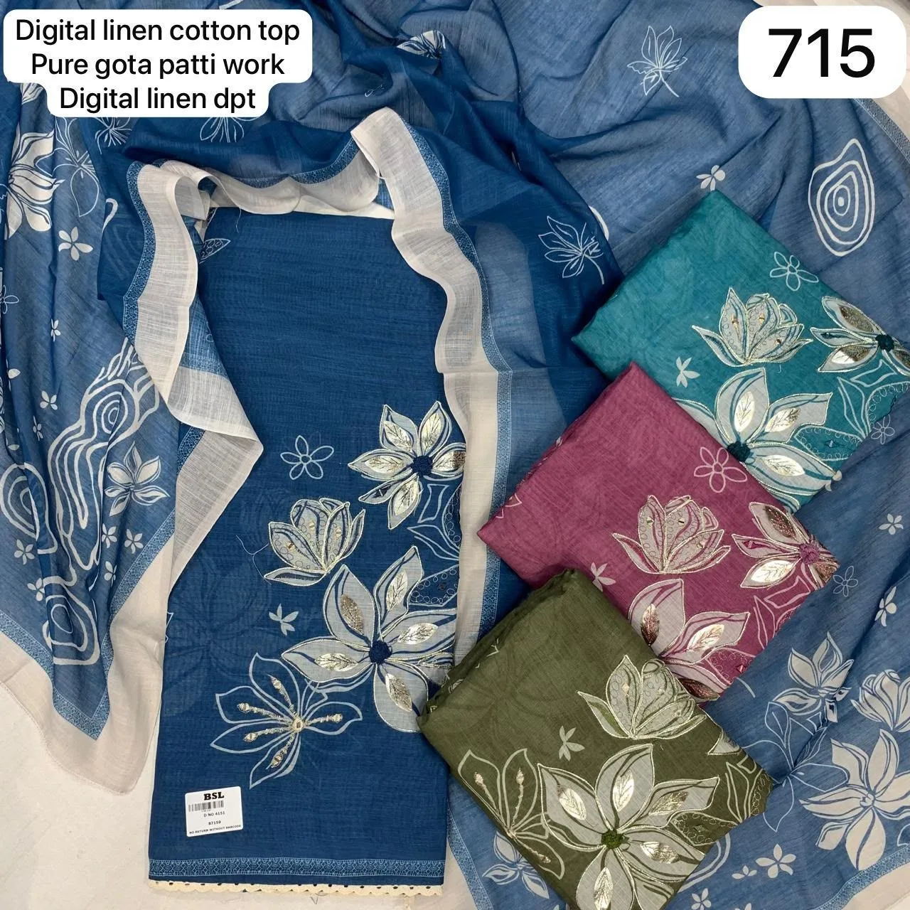 Digital linen cotton top
Pure gota patti work
Digital linen dpt(Rs.715 per piece: total 4 piece)