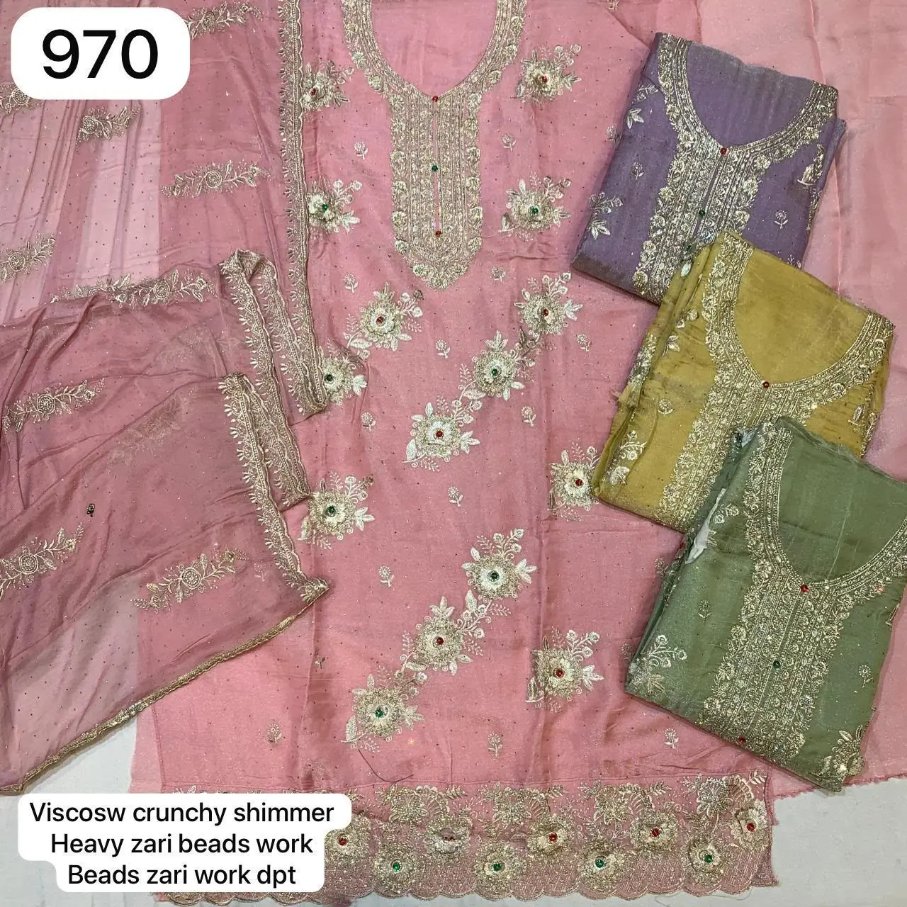 Viscosw crunchy shimmer
Heavy zari beads work
Beads zari work dpt(Rs.970 per piece: total 4 piece)