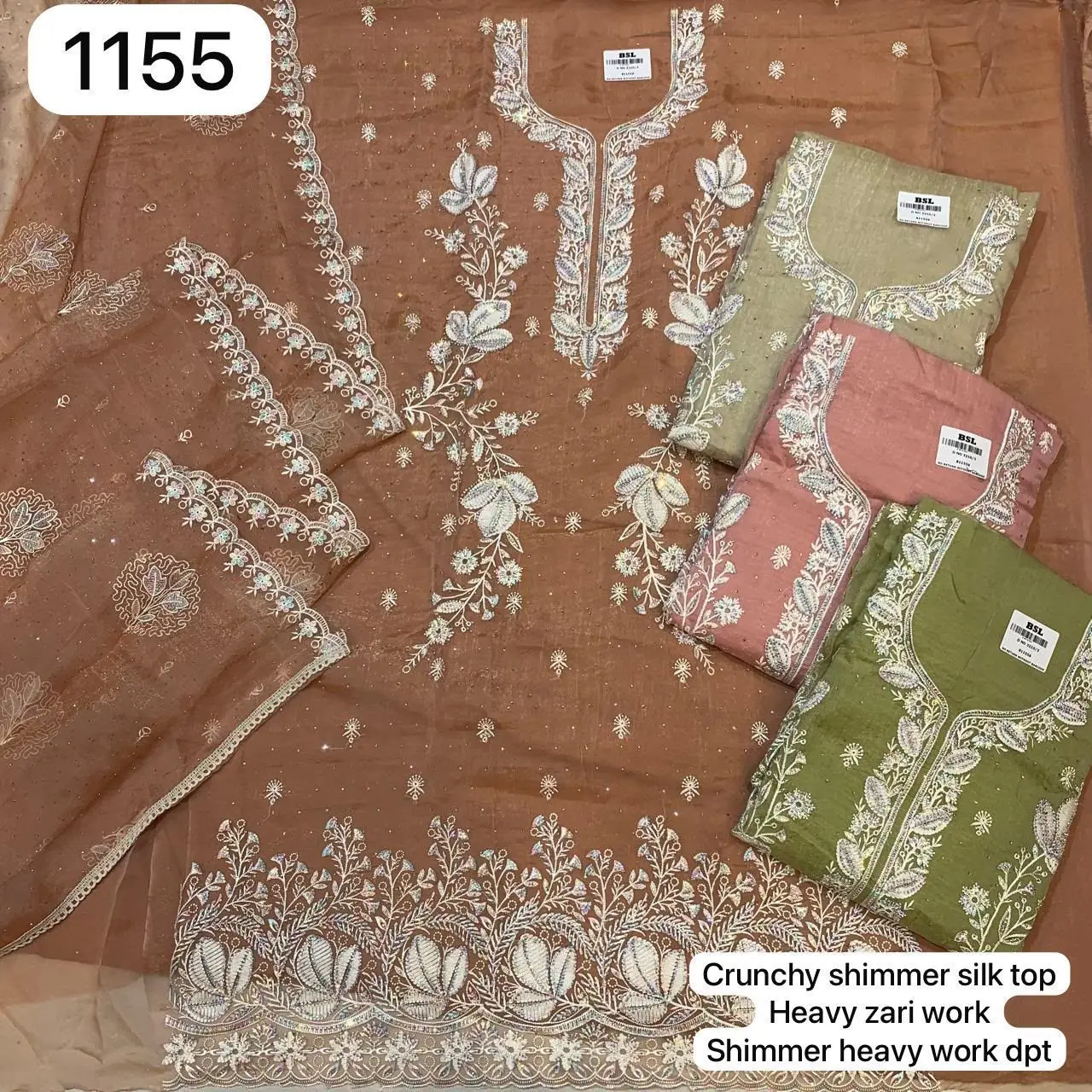 Crunchy shimmer silk top
Heavy zari work
Shimmer heavy work dpt(Rs.1155 per piece: total 4 piece)