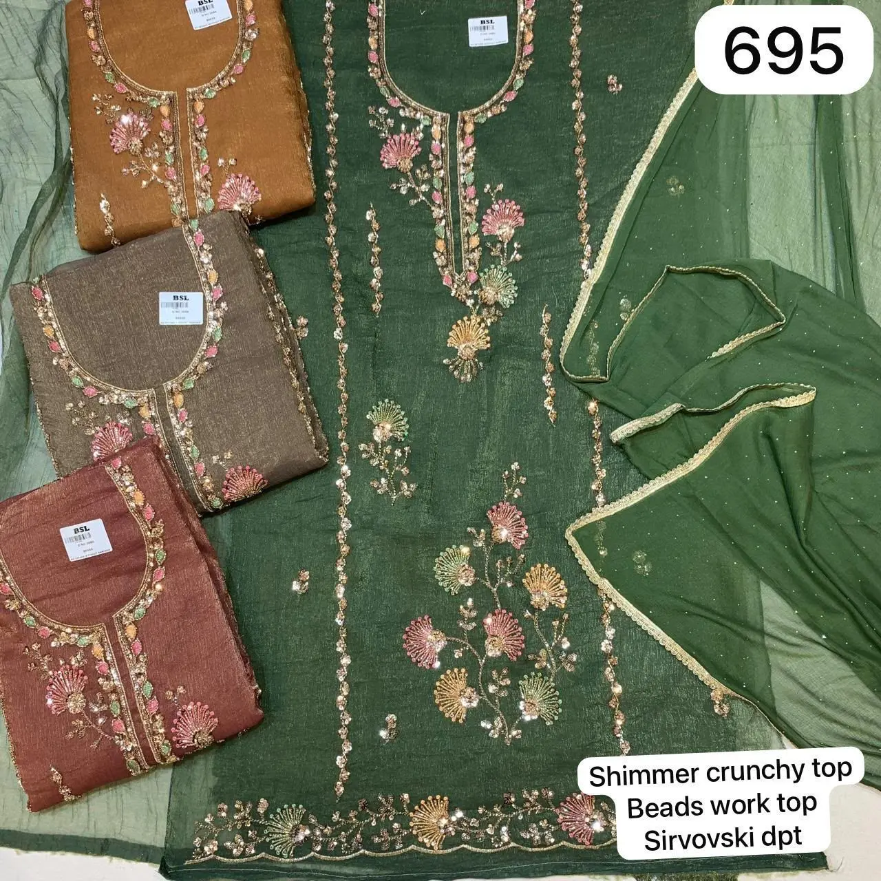 Shimmer crunchy top
Beads work top
Sirvovski dpt(Rs.695 per piece: total 4 piece)