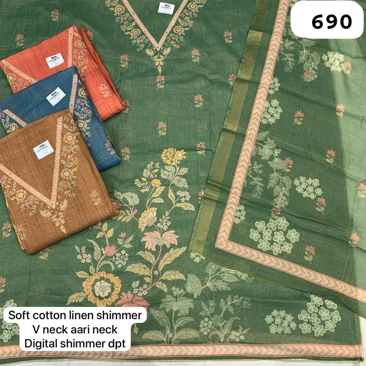 Soft cotton linen shimmer
V neck aari neck
Digital shimmer dpt(Rs.690 per piece: total 4 piece)