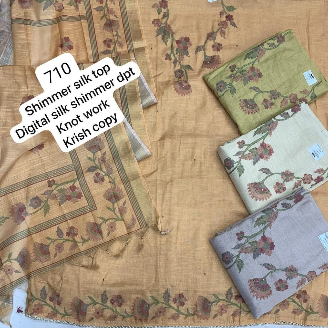 Shimmer silk top
Digital silk shimmer dpt
Knot work
Krish copy(Rs.710 per piece: total 4 piece)