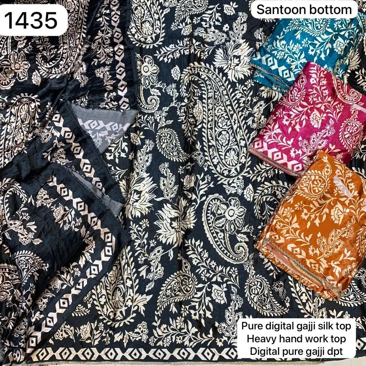 Santoon bottom
Pure digital gajji silk top
Heavy hand work top
Digital pure gajji dpt(Rs.1435 per piece: total 4 piece)