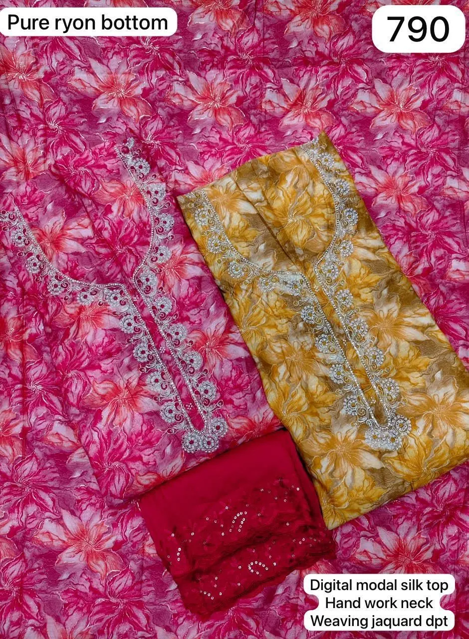 Pure ryon bottom
Digital modal silk top
Hand work neck
Weaving jaquard dpt(Rs.790 per piece: total 2 piece)