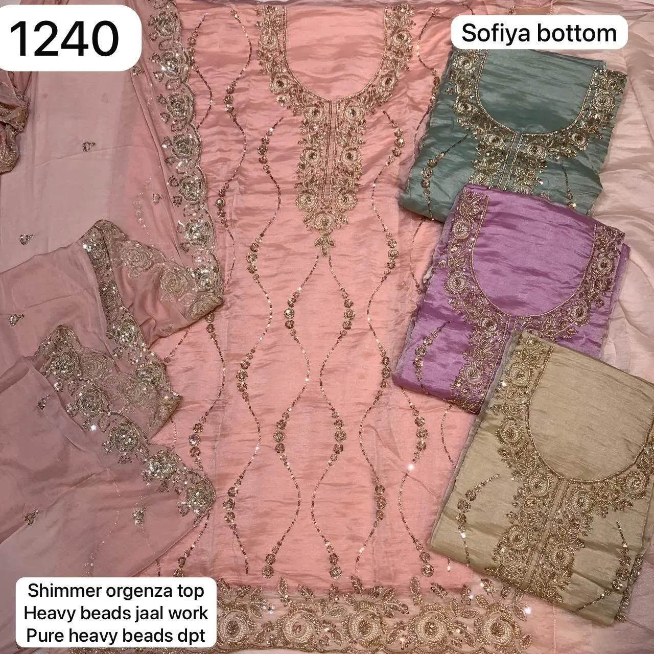 Sofiya bottom
Shimmer organza top
Heavy beads jaal work
Pure heavy beads dpt(Rs.1240 per piece: total 4 piece)