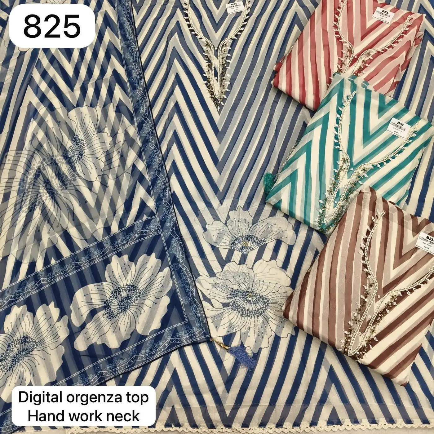 Digital organza top
Hand work neck(Rs.825 per piece:, total 4 piece)