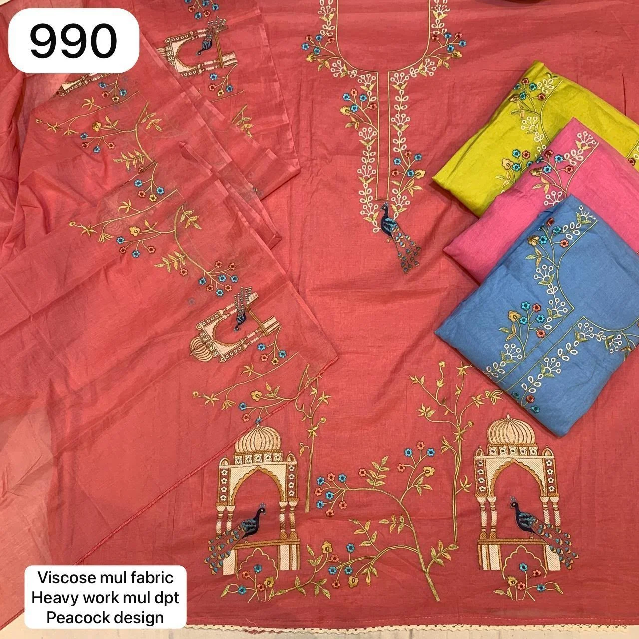 Viscose mul fabric
Heavy work mul dpt
Peacock design(Rs.990 per piece: total 4 piece)