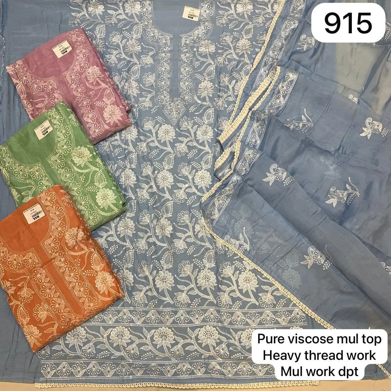 Pure viscose mul top
Heavy thread work
Mul work dpt(Rs.915 per piece: total 4 piece)