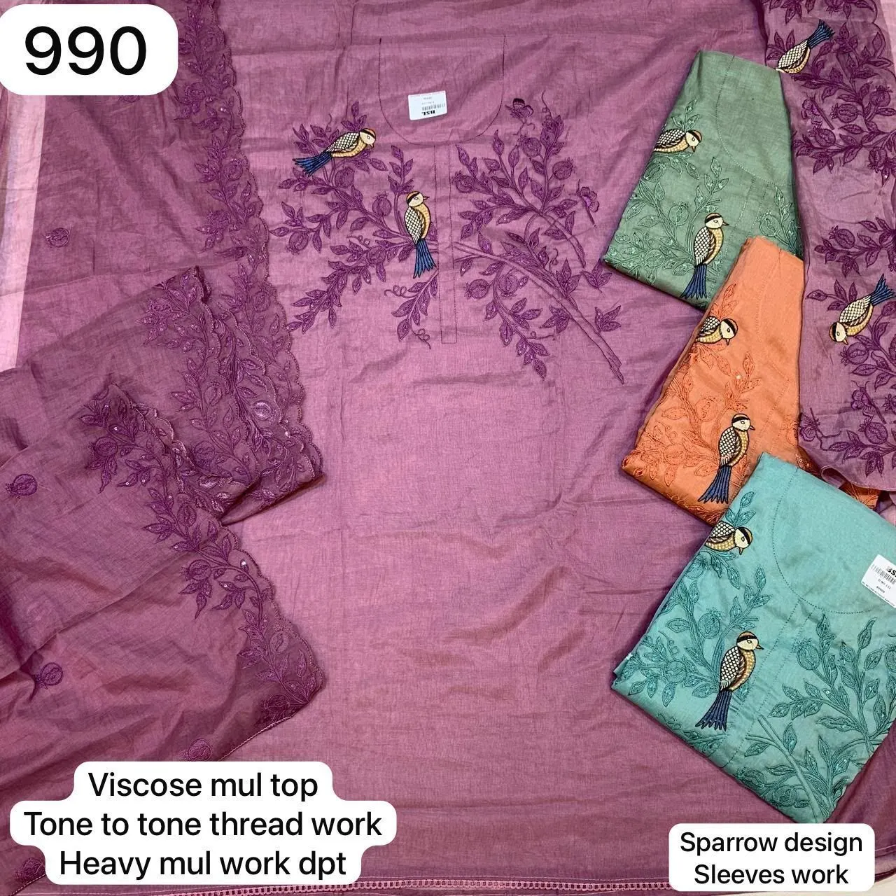 Viscose mul top
Tone to tone thread work
Heavy mul work dpt
Sparrow design
Sleeves work(Rs.990 per piece: total 4 piece)