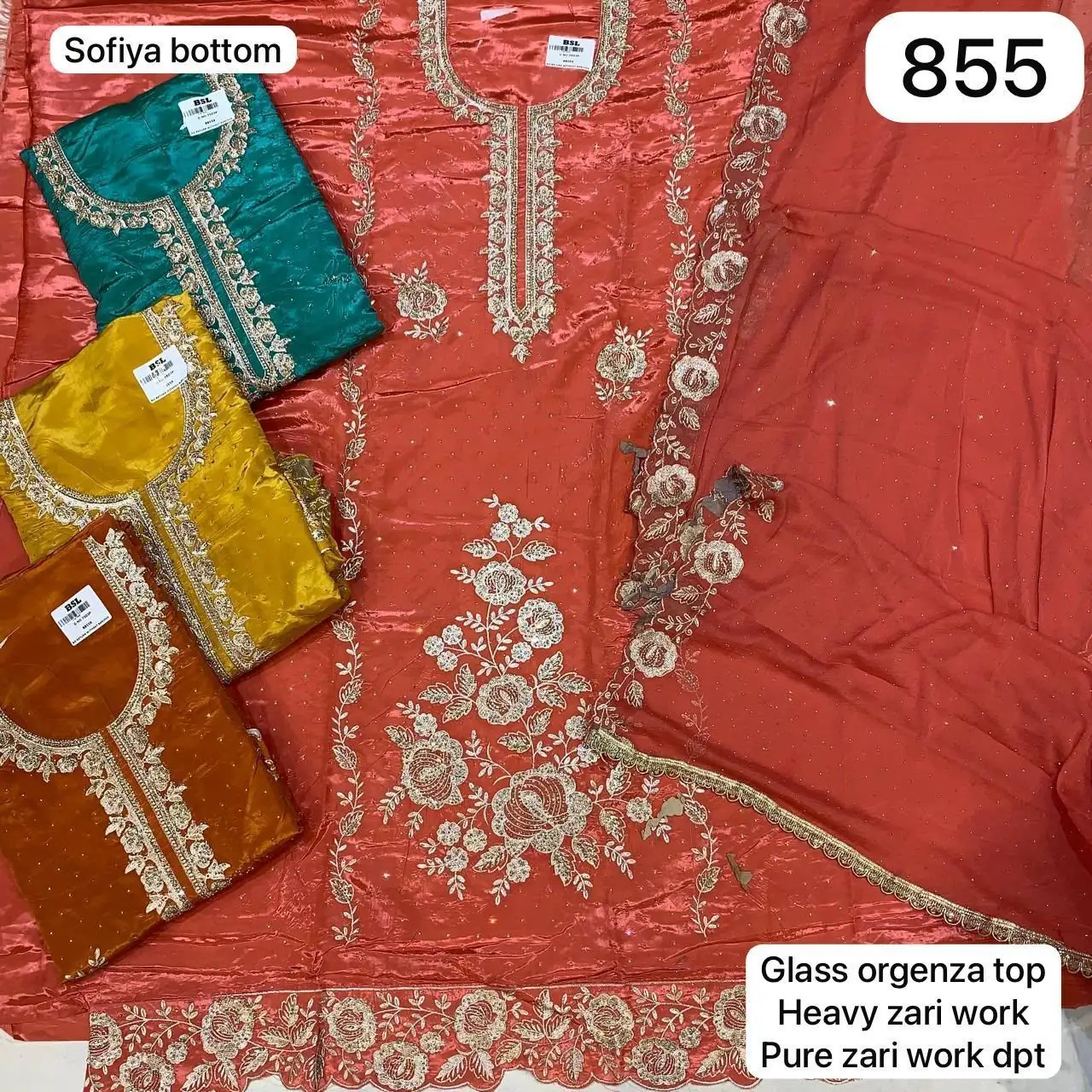 Sofiya bottom
Glass organza top
Heavy zari work
Pure zari work dpt(Rs.855 per piece: total 4 piece)