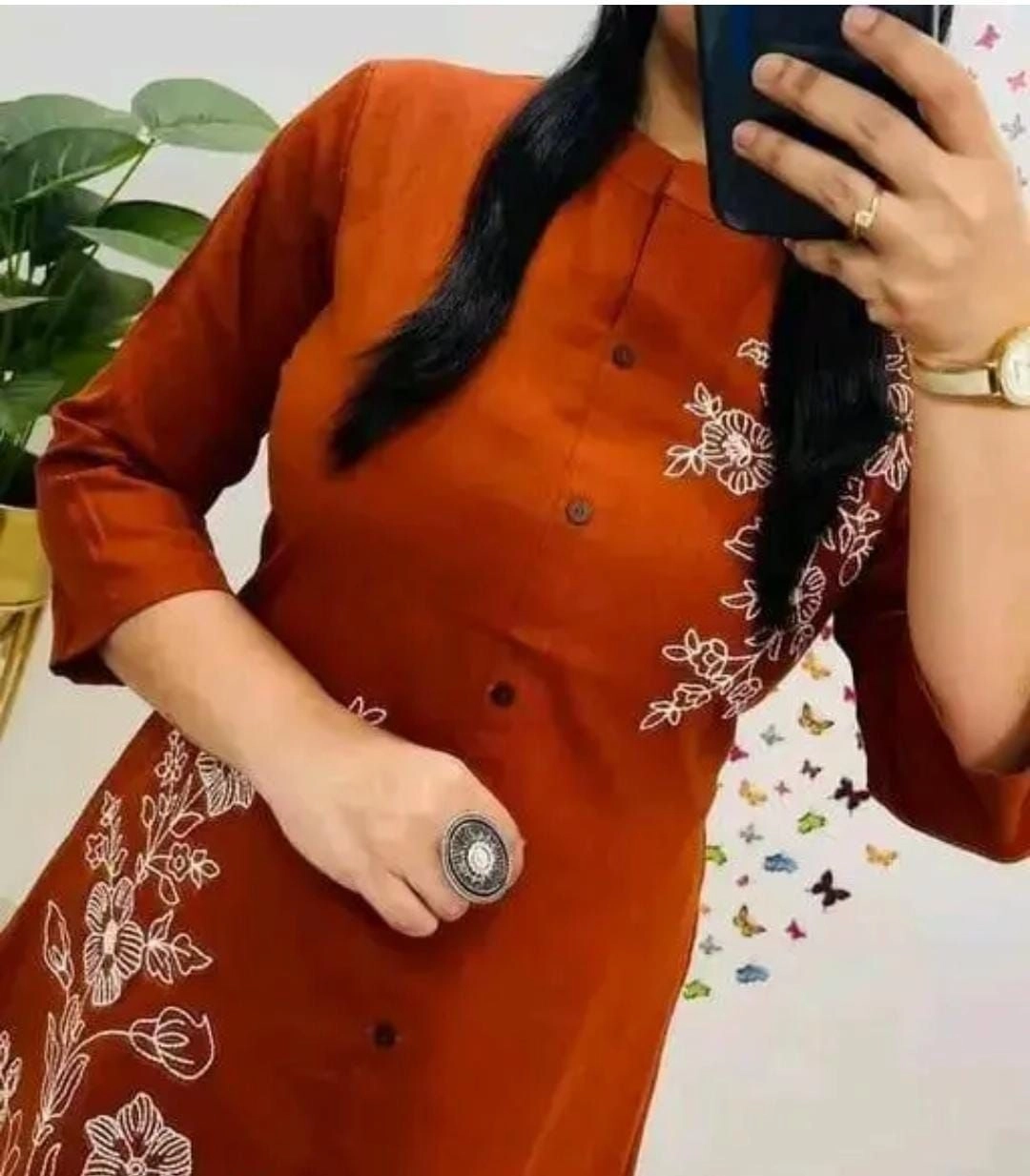 Rust orange kurthi with pant  frond button