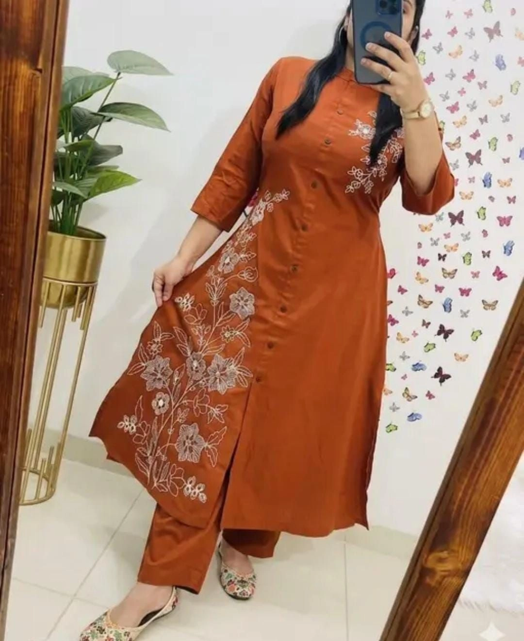 Rust orange kurthi with pant  frond button