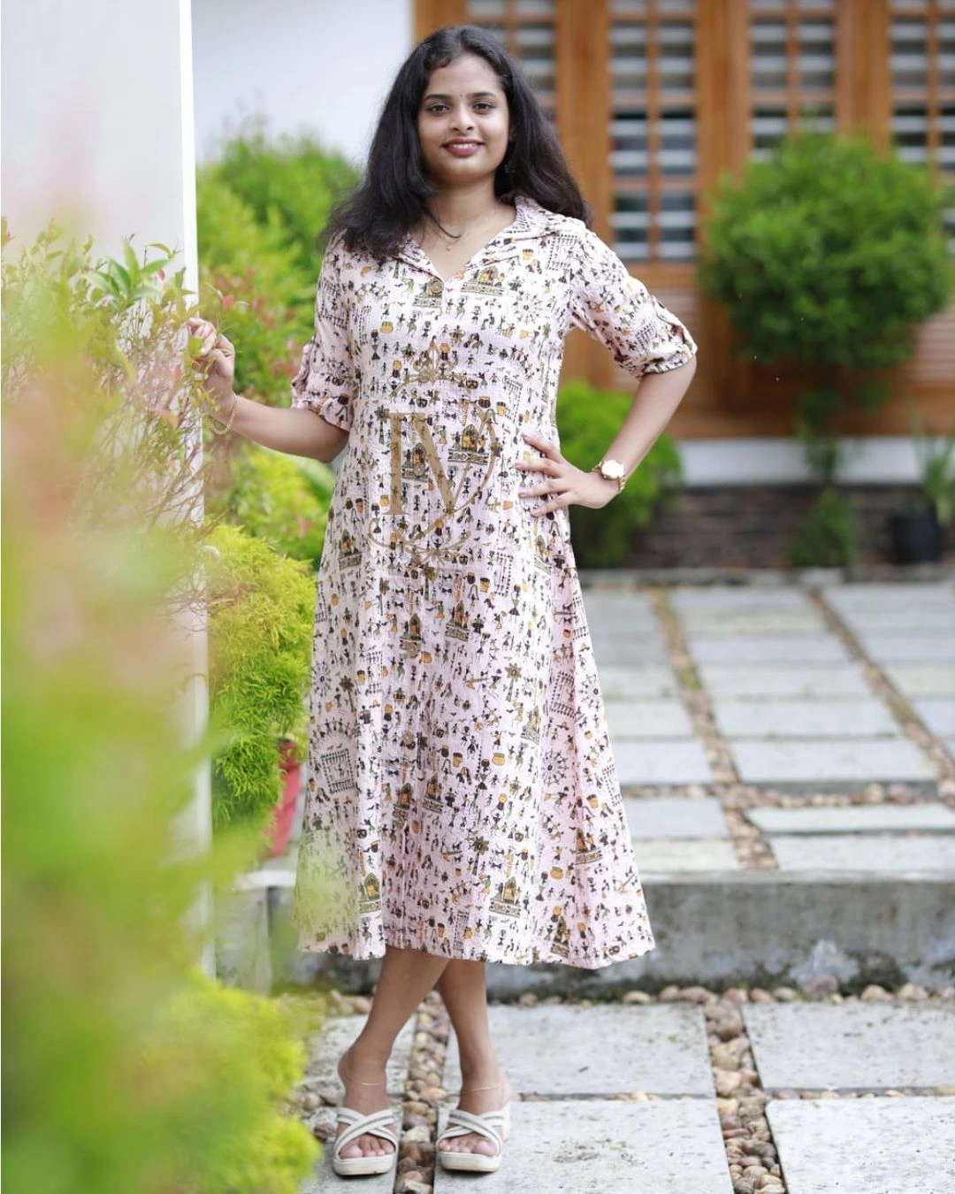 Kantha Cotton Peach A-Line Dress 1