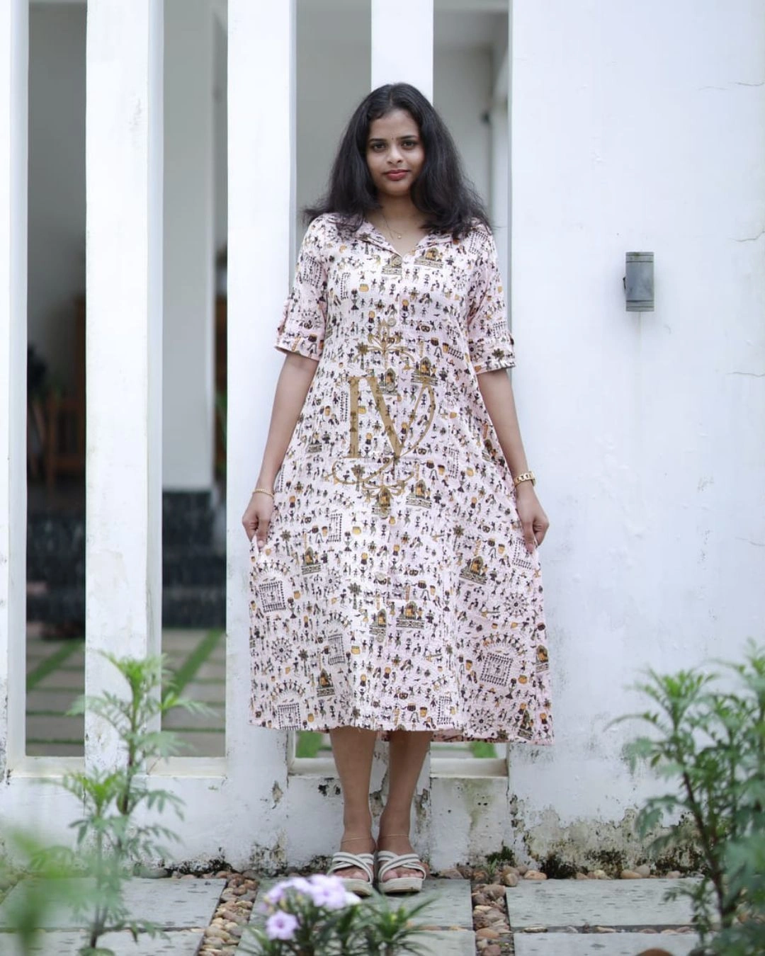 Kantha Cotton Peach A-Line Dress 6