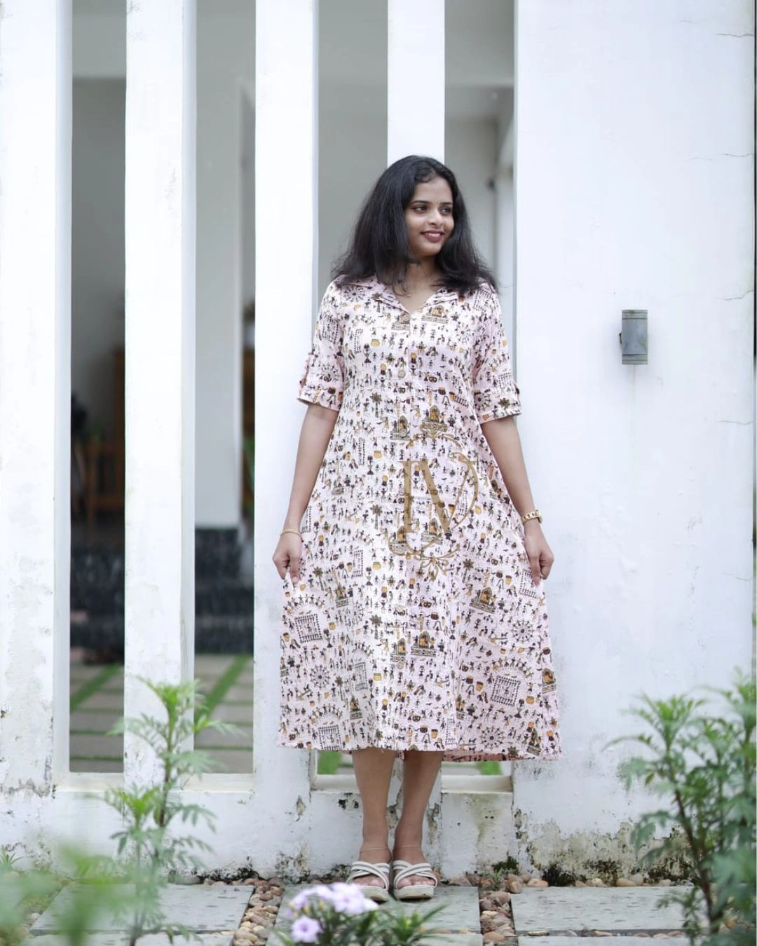 Kantha Cotton Peach A-Line Dress 7