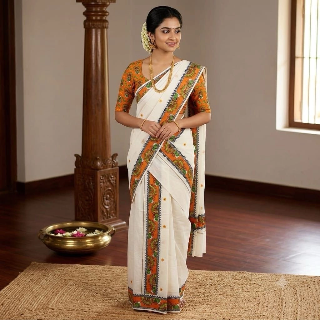 Kathakali Print Cotton Set Mundu with Matching Blouse | Traditional Kerala Ethnic Wear 1