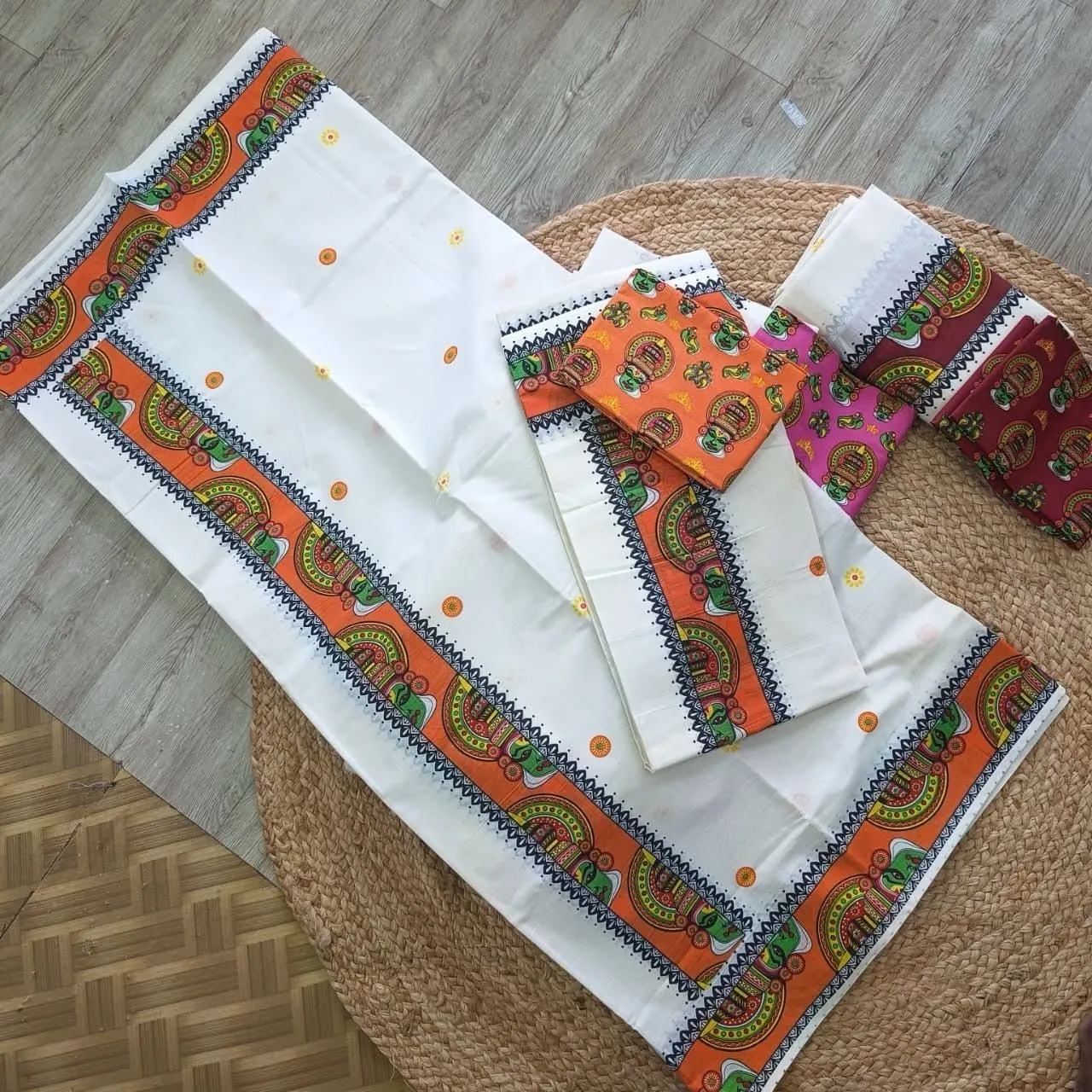 Kathakali Print Cotton Set Mundu with Matching Blouse | Traditional Kerala Ethnic Wear 2