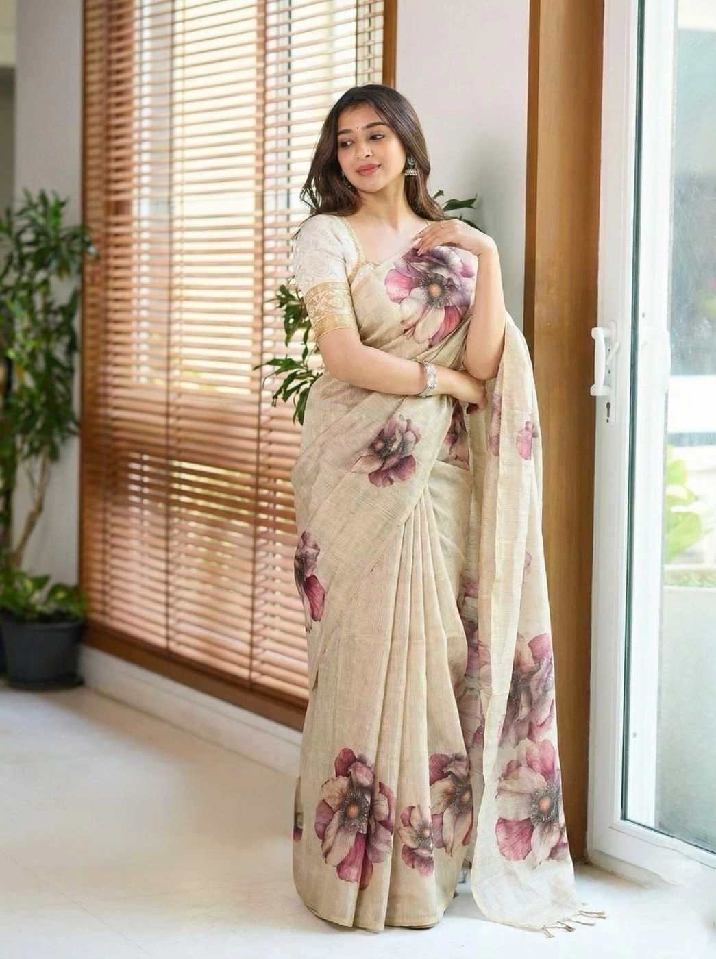 Premium Kerala Style Linen Cotton Saree with Floral Print | Soft & Shiny