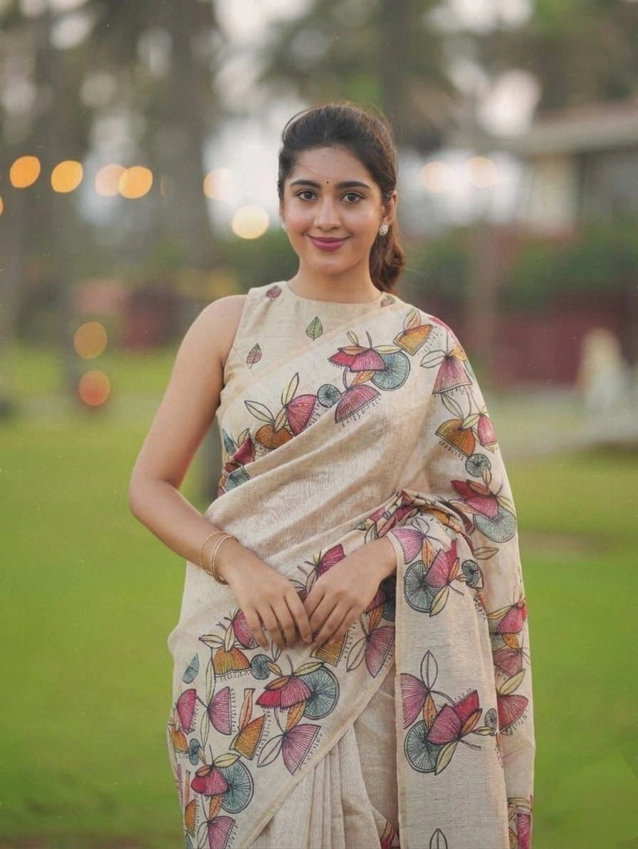 Premium Kerala Style Linen Cotton Saree with Floral Print | Soft & Shiny
