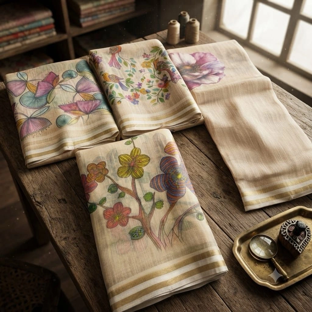 Premium Kerala Style Linen Cotton Saree with Floral Print | Soft & Shiny 3