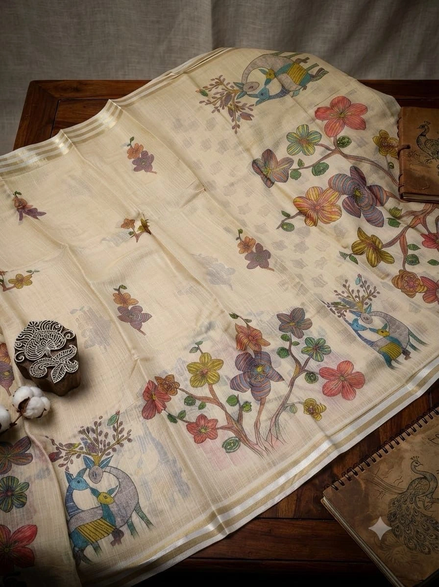 Premium Kerala Style Linen Cotton Saree with Floral Print | Soft & Shiny 5