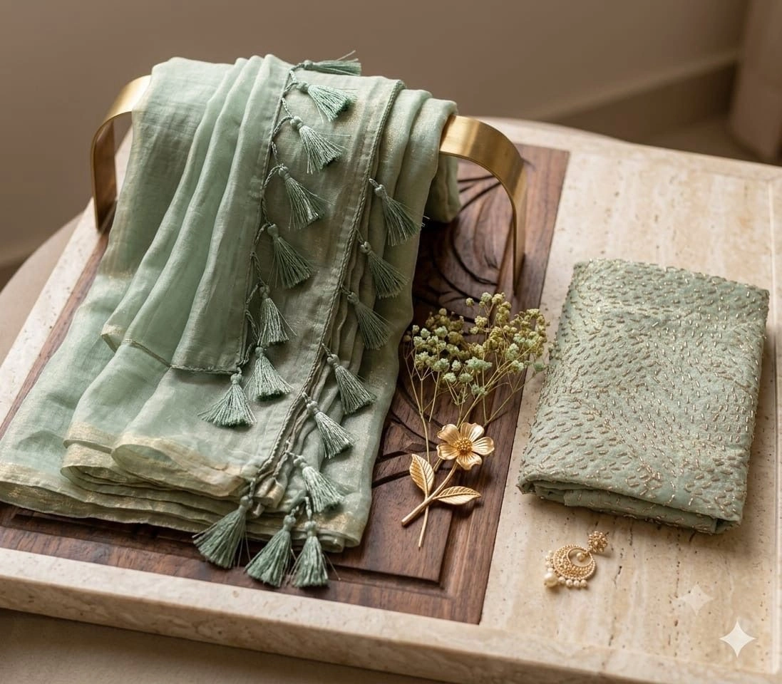 Celebrity Inspired Party Wear Chiffon & Tissue Saree with Designer Blouse | Running Pallu