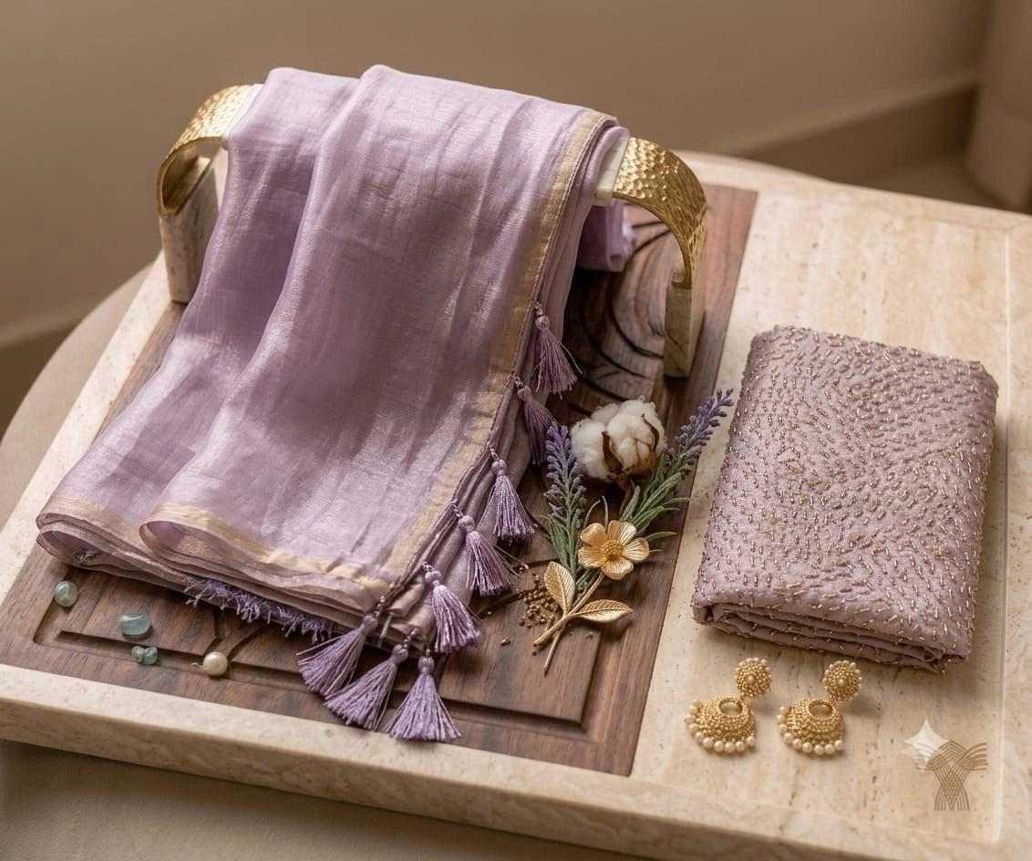 Celebrity Inspired Party Wear Chiffon & Tissue Saree with Designer Blouse | Running Pallu 4