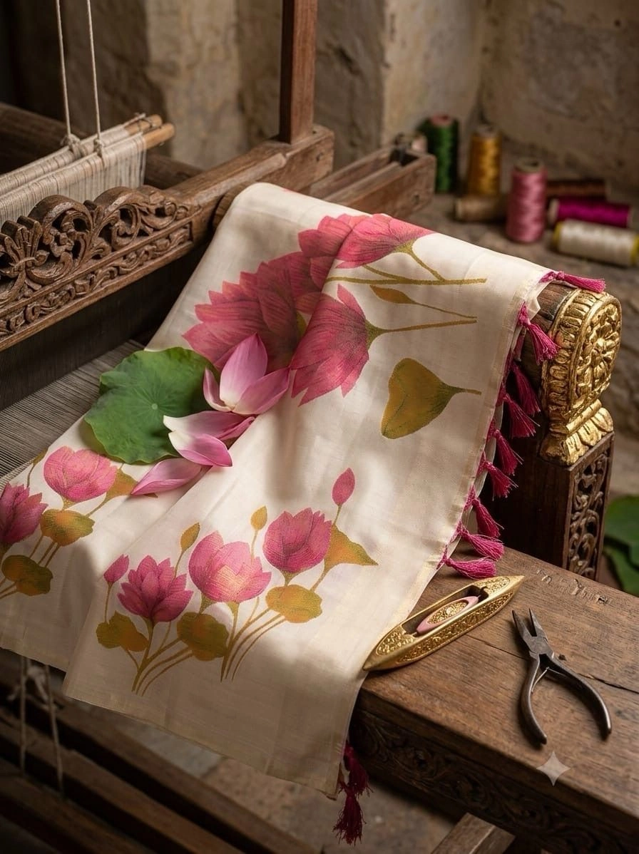 Celebrity Inspired Lotus Print Party Wear Saree with Designer Blouse & Tassels