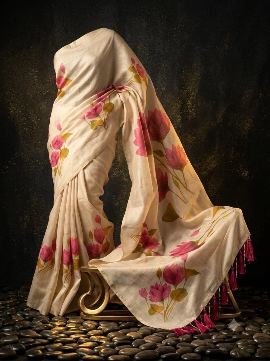Celebrity Inspired Lotus Print Party Wear Saree with Designer Blouse & Tassels