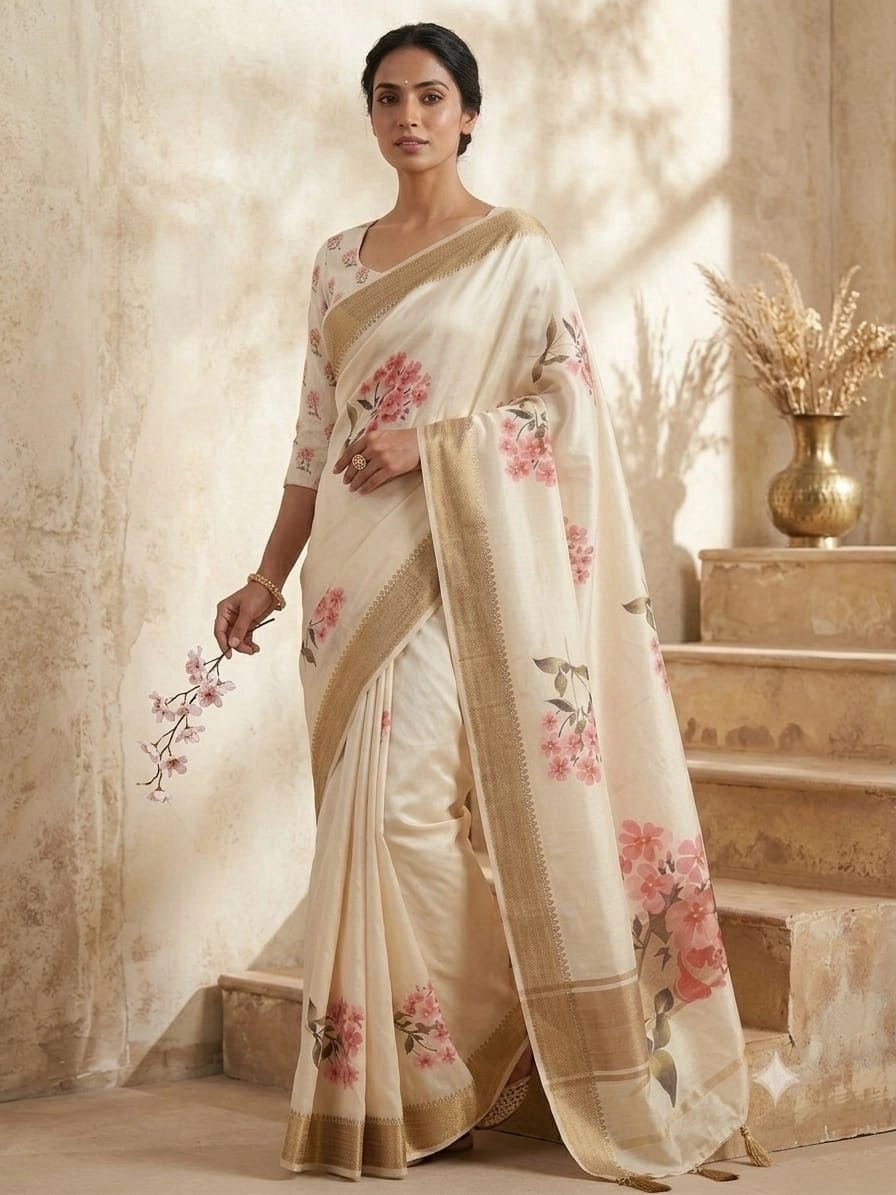 Elegant Floral Print Soft Tissue Silk Saree with Designer Blouse & Tassels 1