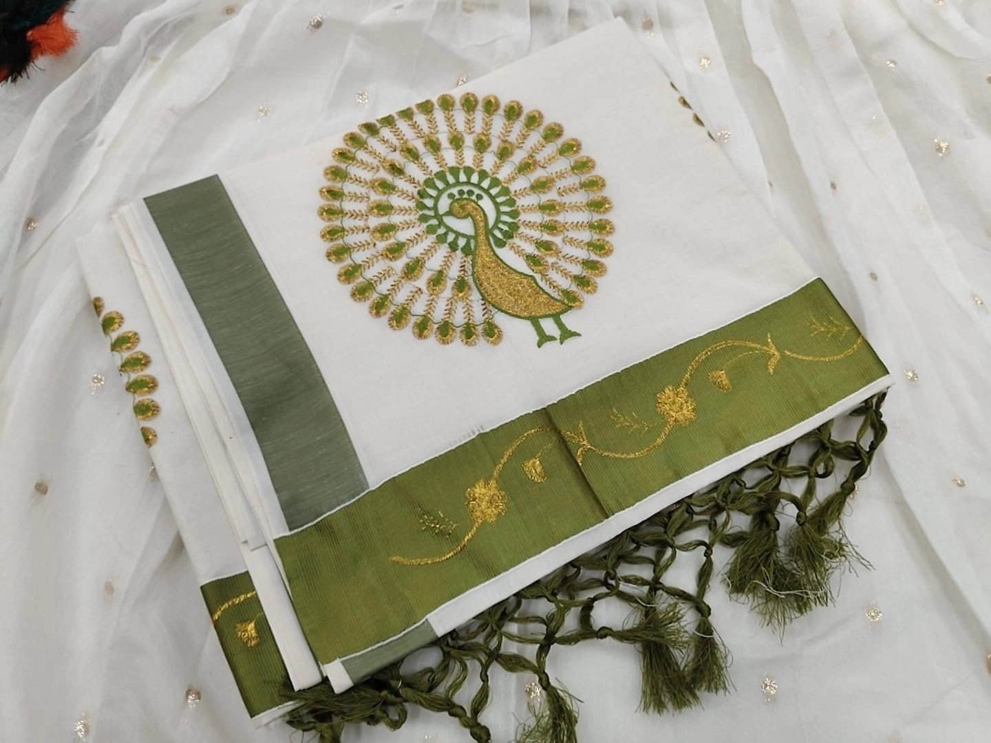 Peacock Embroidery Cotton Set Saree 1